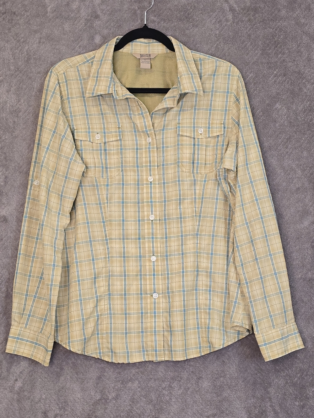 Duluth Shirt Women’s Large Yellow Plaid Button Up Shirt With Vents Cooling